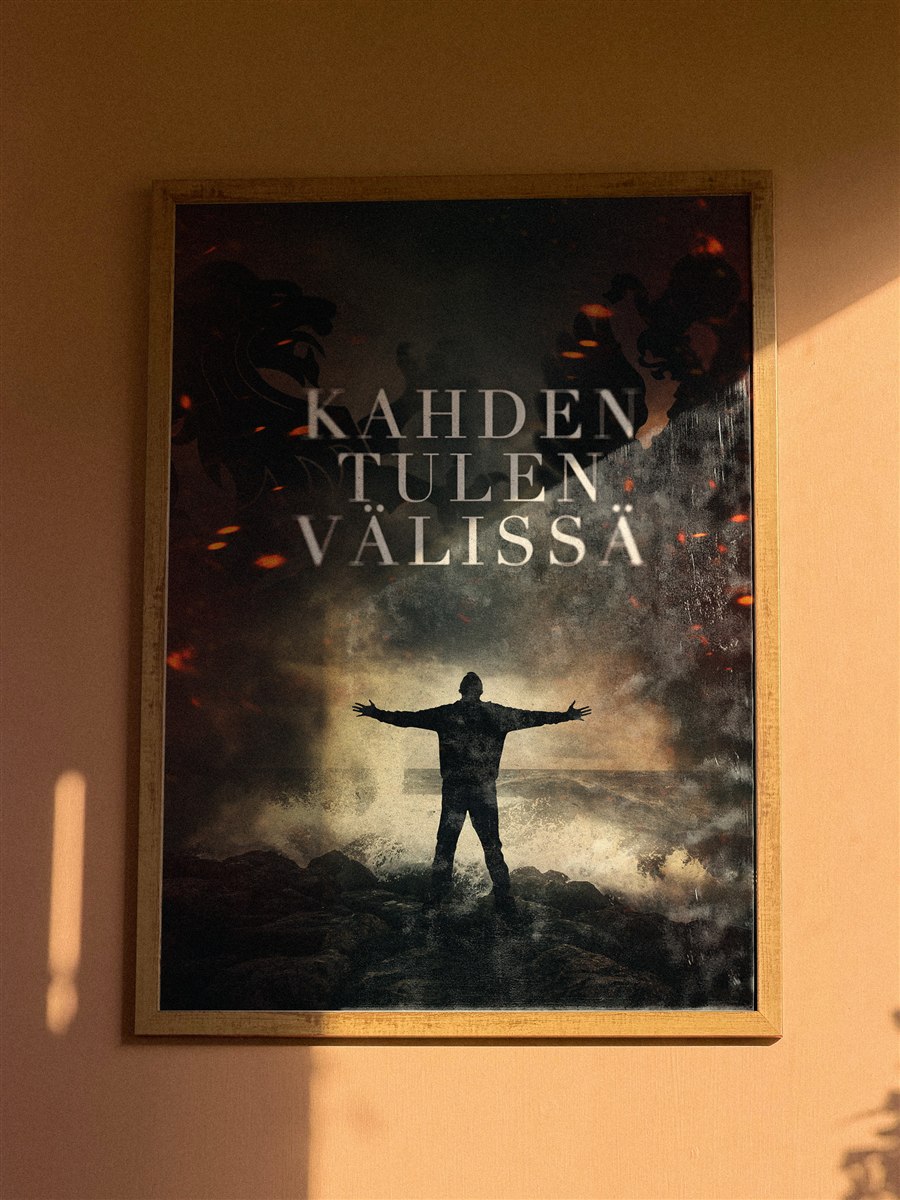 Kahden tulen välissä opera poster — man standing between two fires in a dark dramatic scene